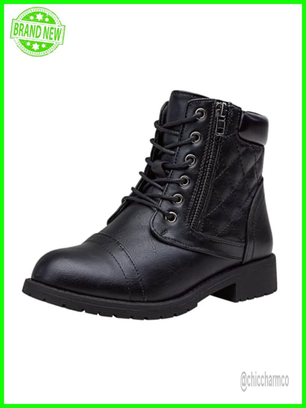 Wide Width Faux Leather Combat Ankle Boots Low Heel Lace Up Zipper - Picture 1 of 6